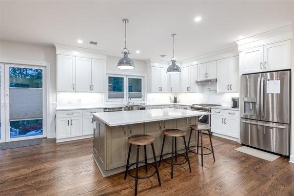 Interior, Kitchen, Pendant Lights, Recessed Lighting, Stainless Steel Appliances, Wood Texture Flooring