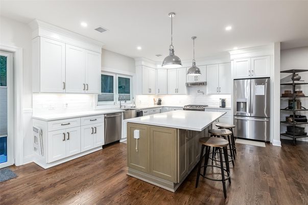Interior, Kitchen, Pendant Lights, Recessed Lighting, Stainless Steel Appliances, Wood Texture Flooring