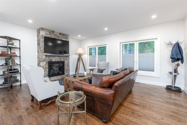 Fireplace, Interior, Living room, Recessed Lighting, Wood Texture Flooring