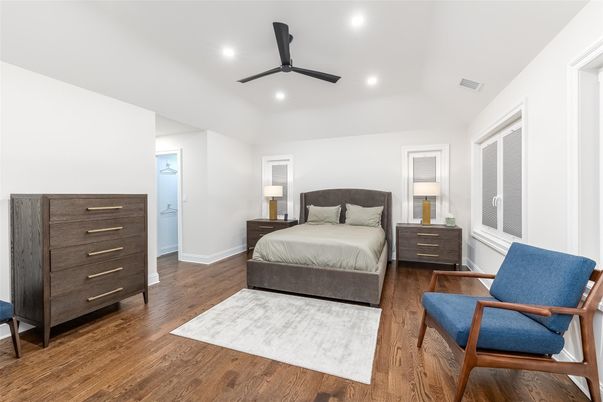 Bedroom, Interior, Recessed Lighting, Wood Texture Flooring