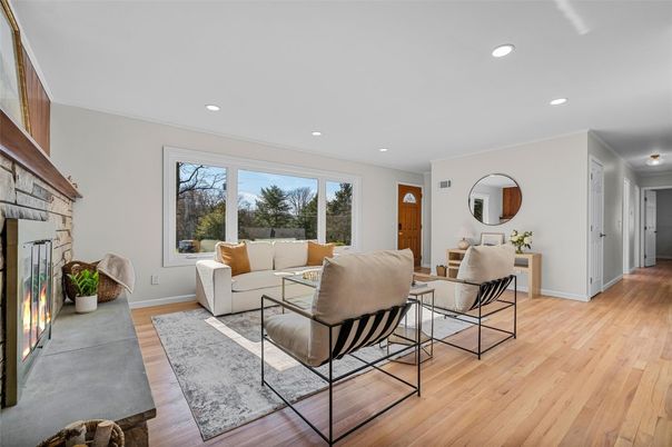 Fireplace, Interior, Living room, Recessed Lighting, Wood Texture Flooring
