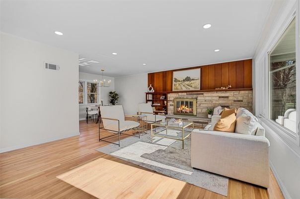 Dining room, Fireplace, Interior, Living room, Pendant Lights, Recessed Lighting, Wood Texture Flooring