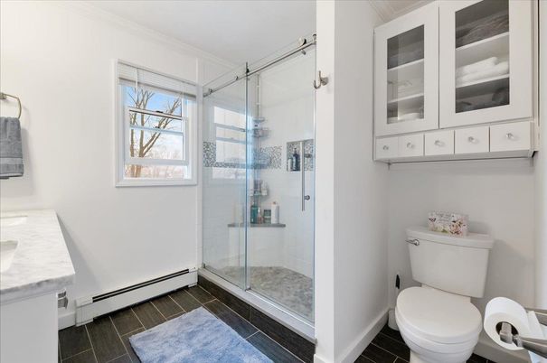 Bathroom, Glass Shower, Interior, Wood Texture Flooring