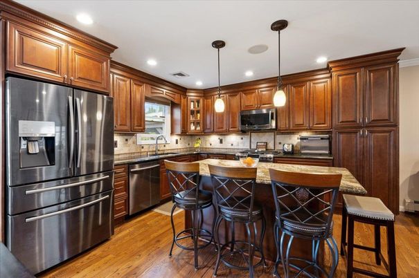 Interior, Kitchen, Pendant Lights, Recessed Lighting, Stainless Steel Appliances, Wood Texture Flooring