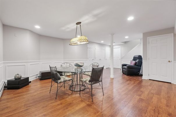 Dining room, Interior, Pendant Lights, Recessed Lighting, Wood Texture Flooring