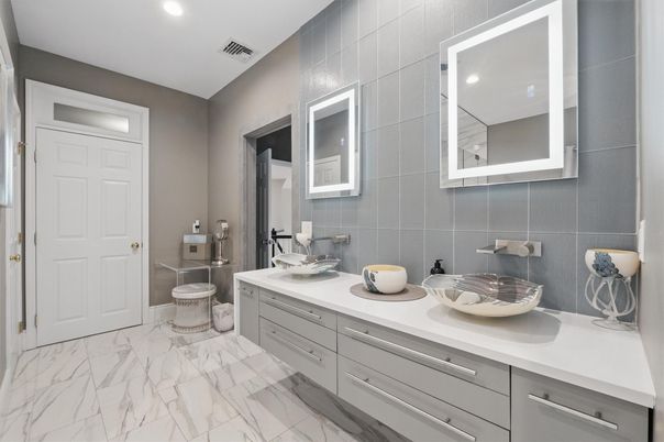 Bathroom, Dual Sink Vanities, Interior, Marble, Recessed Lighting