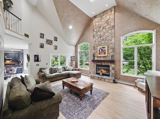 Dining room, Fireplace, Interior, Kitchen, Living room, Pendant Lights, Recessed Lighting, Stone Walls, Wood Texture Flooring