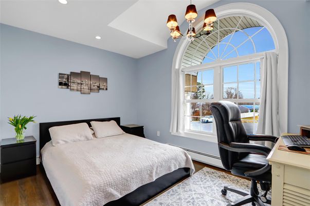 Bedroom, Chandelier, Home Office, Interior, Recessed Lighting, Wood Texture Flooring