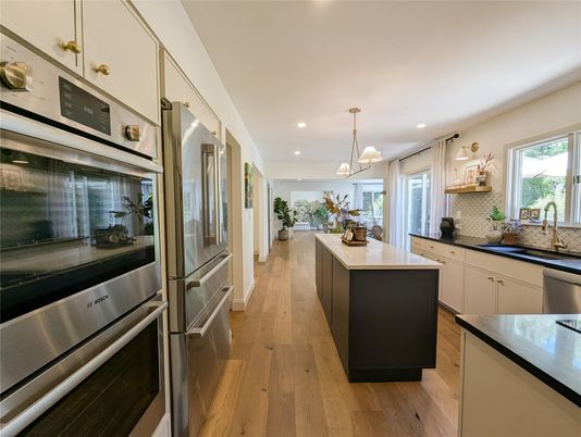 Interior, Kitchen, Pendant Lights, Recessed Lighting, Stainless Steel Appliances, Wood Texture Flooring