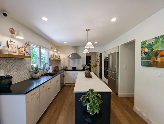Interior, Kitchen, Pendant Lights, Recessed Lighting, Stainless Steel Appliances, Wood Texture Flooring