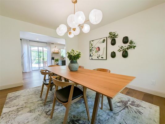 Dining room, Interior, Pendant Lights, Wood Texture Flooring