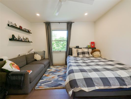 Bedroom, Interior, Recessed Lighting, Wood Texture Flooring