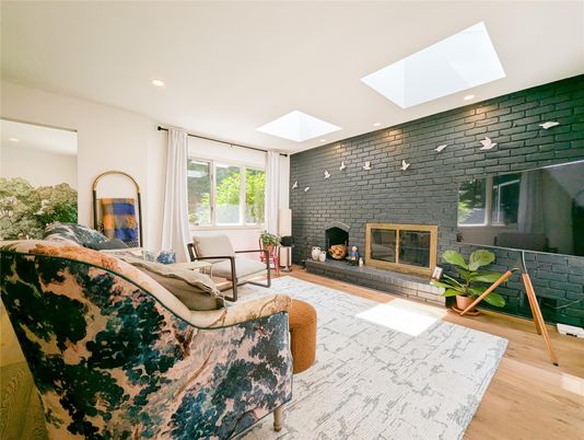 Fireplace, Interior, Living room, Recessed Lighting, Stone Walls, Wood Texture Flooring