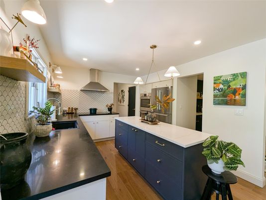 Interior, Kitchen, Pendant Lights, Recessed Lighting, Stainless Steel Appliances, Wood Texture Flooring