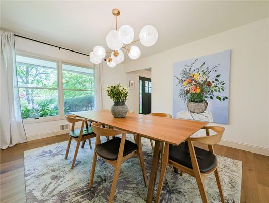 Dining room, Interior, Pendant Lights, Wood Texture Flooring
