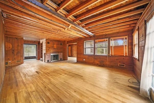 Empty room, Fireplace, Interior, Wooden Beams, Wooden Ceilings, Wood Texture Flooring, Wooden Walls