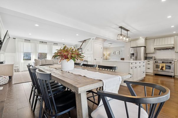 Dining room, Interior, Kitchen, Pendant Lights, Recessed Lighting, Stainless Steel Appliances, Wood Texture Flooring