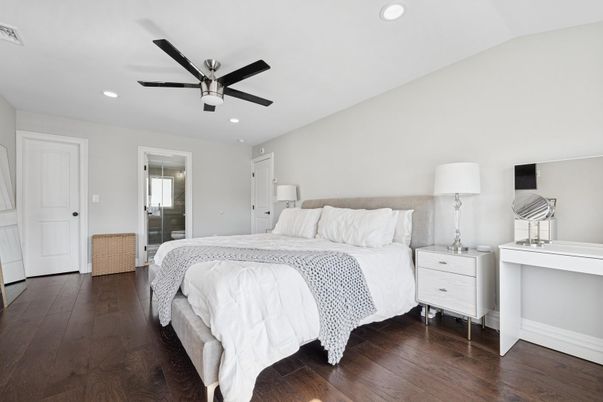 Bedroom, Interior, Recessed Lighting, Wood Texture Flooring