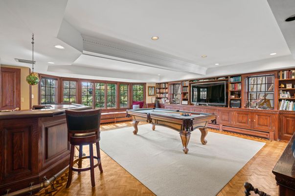 Billiard Table, Game Room, Interior, Pendant Lights, Recessed Lighting, Wood Texture Flooring