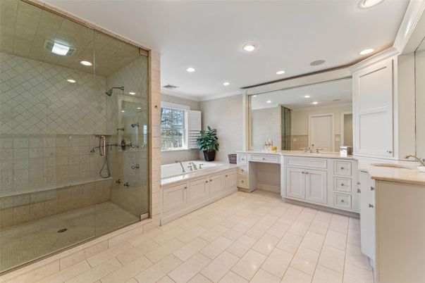 Bathroom, Dual Sink Vanities, Glass Shower, Interior, Recessed Lighting