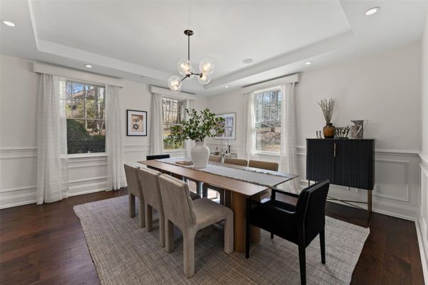 Dining room, Interior, Pendant Lights, Recessed Lighting, Wood Texture Flooring