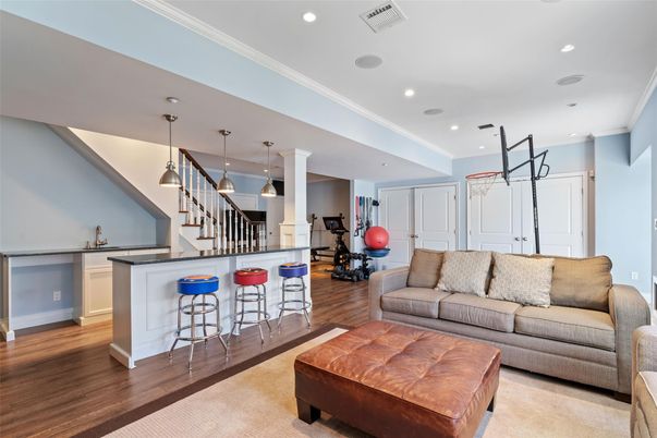 Fitness Equipment, Interior, Kitchen, Living room, Pendant Lights, Recessed Lighting, Wood Texture Flooring