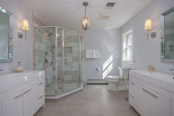 Bathroom, Glass Shower, Interior, Pendant Lights