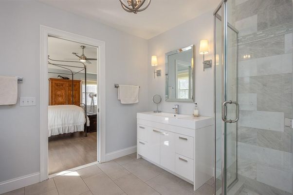 Bathroom, Bedroom, Glass Shower, Interior, Wood Texture Flooring