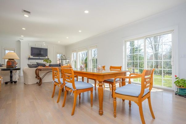 Dining room, Interior, Recessed Lighting, Wood Texture Flooring