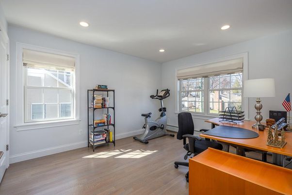 Fitness Equipment, Home Office, Interior, Recessed Lighting, Wood Texture Flooring