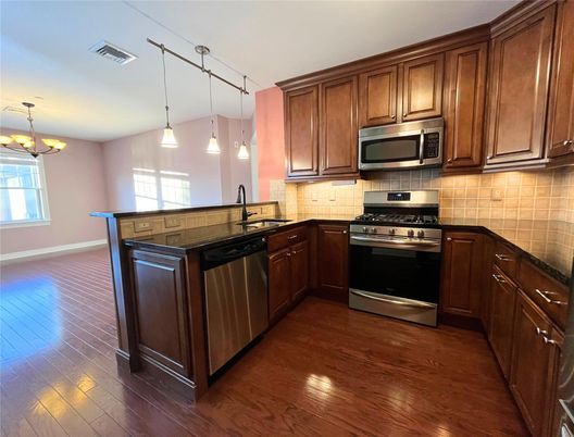 Interior, Kitchen, Pendant Lights, Stainless Steel Appliances, Wood Texture Flooring