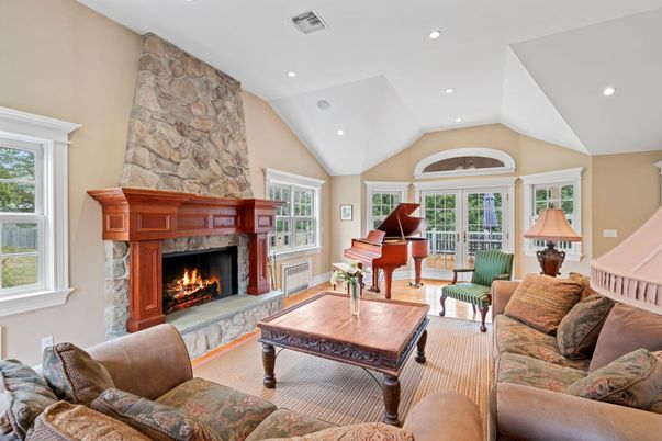 Fireplace, Interior, Living room, Piano, Recessed Lighting, Stone Walls