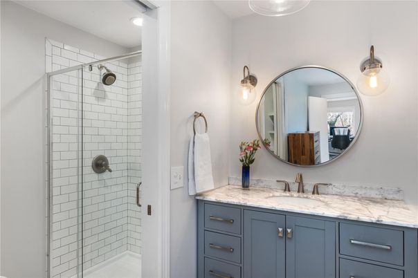 Bathroom, Dual Sink Vanities, Glass Shower, Interior, Recessed Lighting