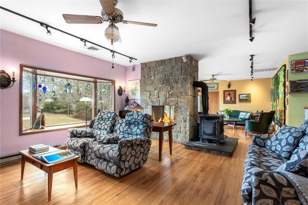 Fireplace, Interior, Living room, Stone Walls, Wood Texture Flooring