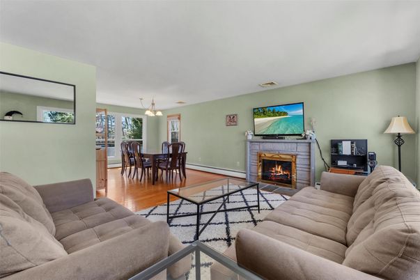Dining room, Fireplace, Interior, Living room, Pendant Lights, Wood Texture Flooring
