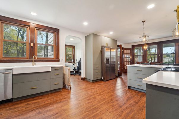 Interior, Kitchen, Pendant Lights, Recessed Lighting, Stainless Steel Appliances, Wood Texture Flooring