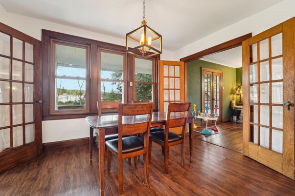 Dining room, Interior, Pendant Lights, Wood Texture Flooring