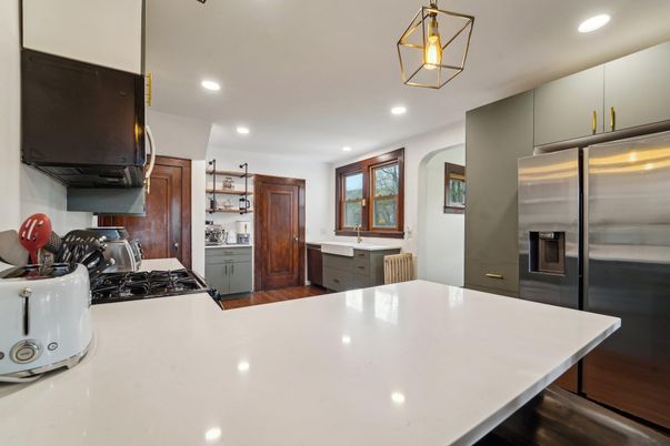 Interior, Kitchen, Recessed Lighting, Stainless Steel Appliances, Wood Texture Flooring