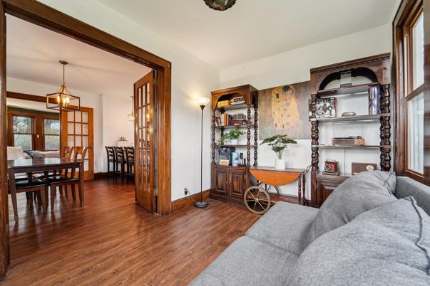 Dining room, Interior, Living room, Pendant Lights, Wood Texture Flooring