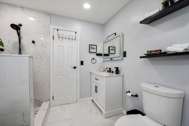 Bathroom, Glass Shower, Interior, Marble, Marble Walls, Recessed Lighting