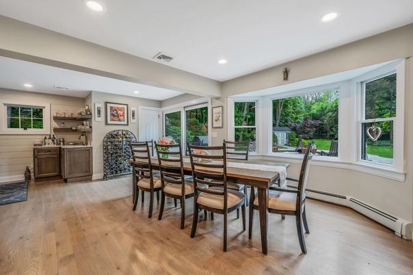 Dining room, Interior, Recessed Lighting, Wood Texture Flooring