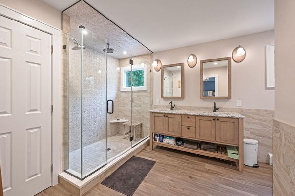 Bathroom, Dual Sink Vanities, Glass Shower, Interior, Wood Texture Flooring
