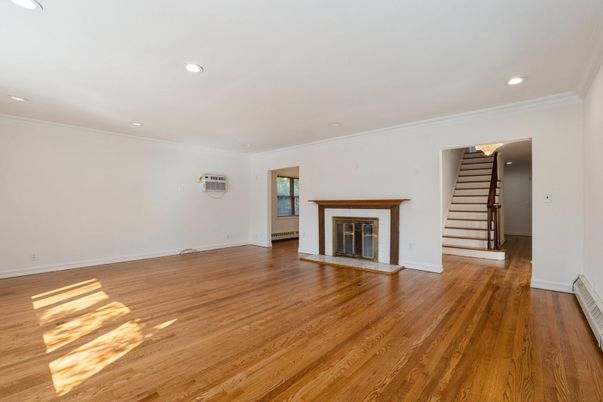 Empty room, Fireplace, Interior, Recessed Lighting, Wood Texture Flooring