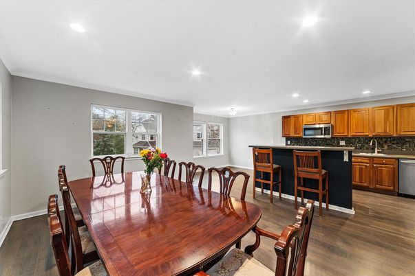 Dining room, Interior, Kitchen, Recessed Lighting, Stainless Steel Appliances, Wood Texture Flooring