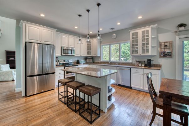 Interior, Kitchen, Pendant Lights, Recessed Lighting, Stainless Steel Appliances, Wood Texture Flooring