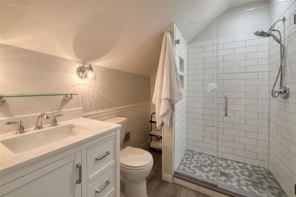 Bathroom, Glass Shower, Interior, Wood Texture Flooring