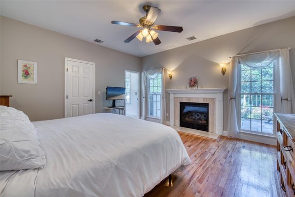 Bedroom, Fireplace, Interior, Wood Texture Flooring
