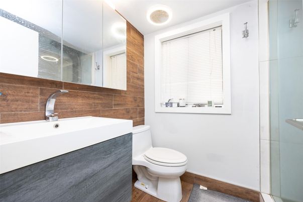 Bathroom, Glass Shower, Interior, Wood Texture Flooring