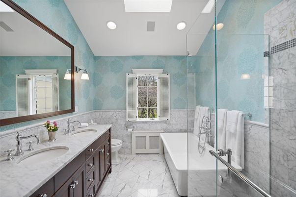 Bathroom, Dual Sink Vanities, Free Standing Baths, Glass Shower, Interior, Marble, Marble Walls, Recessed Lighting