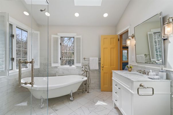 Bathroom, Dual Sink Vanities, Free Standing Baths, Glass Shower, Interior, Marble, Pendant Lights, Recessed Lighting